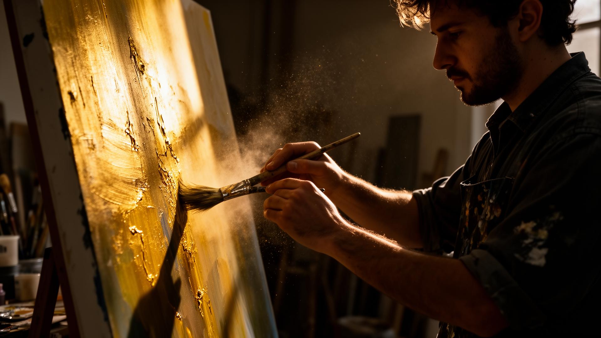Artist painting in a studio bathed in golden light
