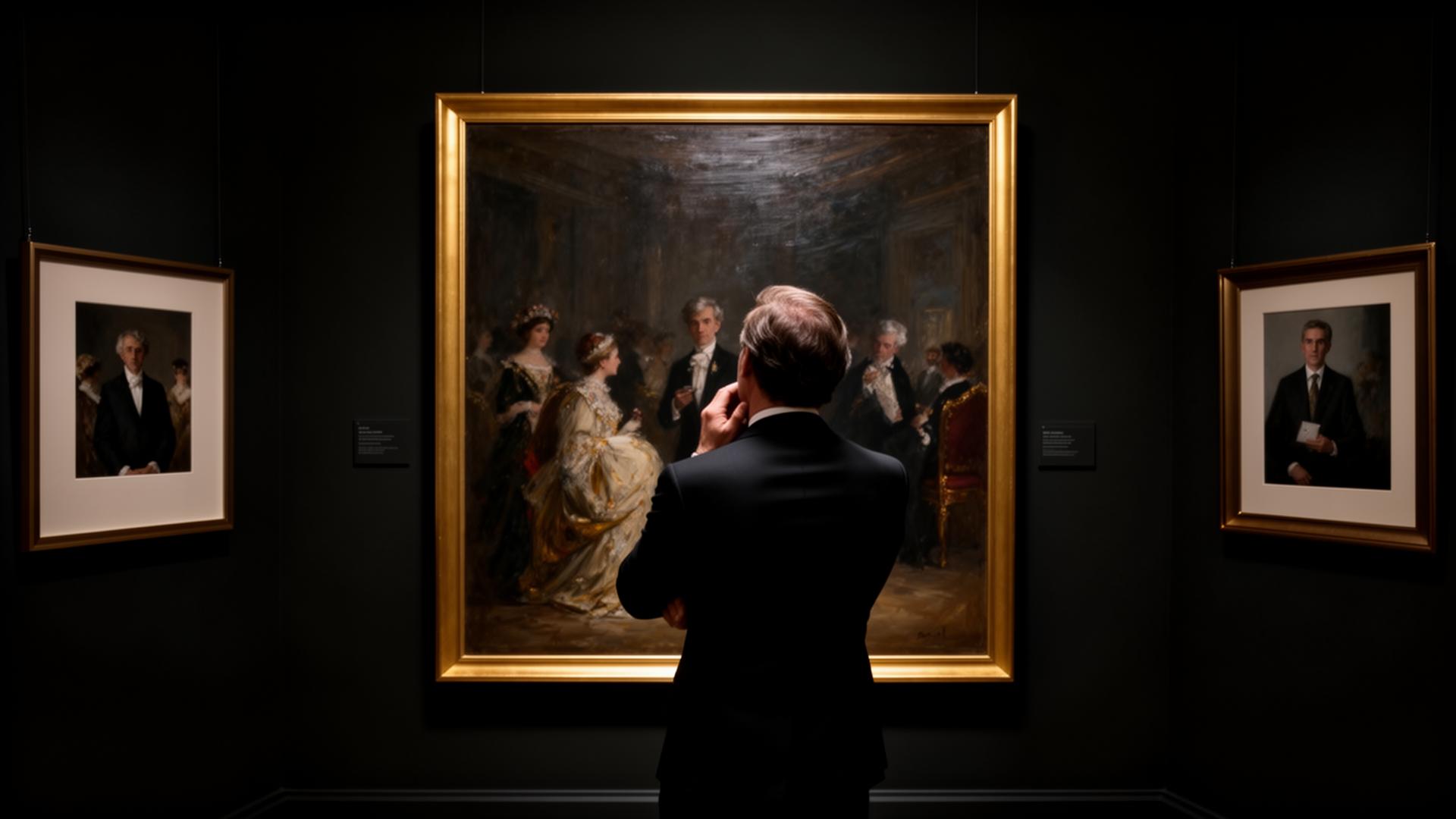 Collector studying a framed painting in a private gallery