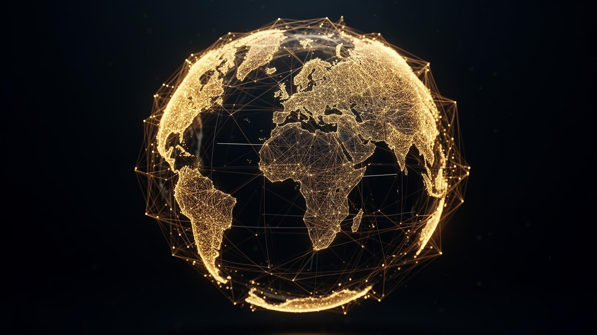 A glowing golden network globe representing global reach